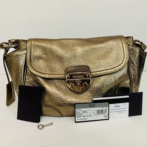 PRADA METALLIC PEBBLED LEATHER SHOULDER BAG MADE IN ITALY WITH AUTHENTICITY CARD - Picture 1 of 14